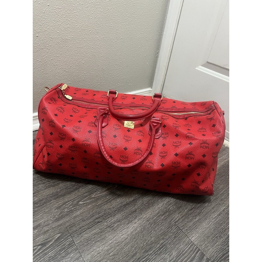 MCM Red Monogram Leather Travel Bag with Gold Hardware